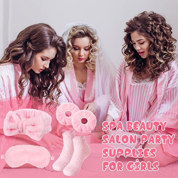 30 Pieces Galentine Spa Sleepover Party Supplies 6 Pink Bow Headband 6 Plush Sleep Eye Mask 6 Velvet Scrunchies 6 Pair Fuzzy Sock for Spa Slumber Party Favors Valentine Gift