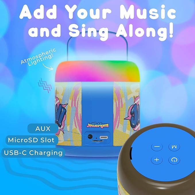 Jellie O-K Kids Wireless Karaoke Speaker with Handheld Microphone, Portable, Premium Sound, Cute Characters, Fun for The Whole Family. (Blue)