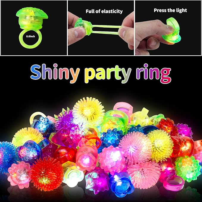 65 Pack Light Up Rings Glow in The Dark Party Supplies, Glow Rings Bulk Party Favors for Kids Adults, LED Colorful Rubber Ring Surprise Gift for Birthday Christmas Easter Egg Fillers Party Decorations