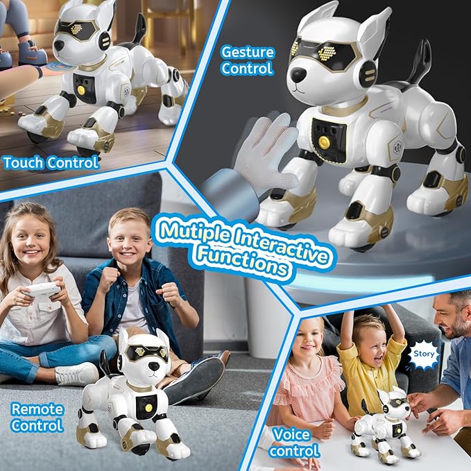 PeachLeaf Robot Dog Toy for Kids, Programmable Interactive RC Pet with Voice Control & Touch Sensor, Imitates Animal Sounds, Plays Music, Dance Modes, Robotic Puppy Toy for Kids Boys & Girls (Gold)