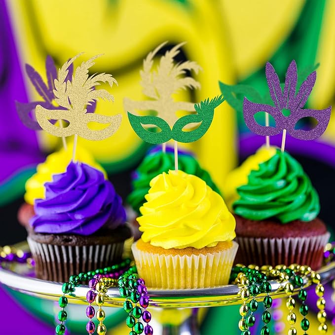 Gyufise 24 Pack Masquerade Masks Cupcake Toppers Multicolor Glitter Bachelorette Mask Cupcake Topper Mask Cake Picks Decorations for Masquerade Mardi Gras Party Baby Shower Birthday Party Supplies