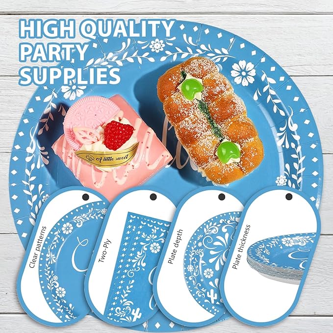 96Pcs Blue Cielito Lindo Party Decorations Mexican Fiesta Baby Shower Plates and Napkins Set Mexico Talavera Decorations for Boys Cinco De Mayo Mexican Gender Reveal Birthday Party Supplies Serves 24