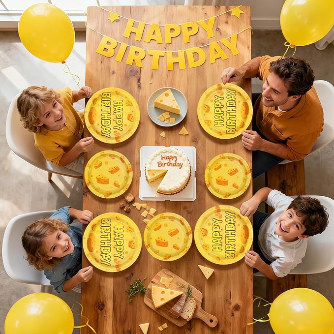 96Pcs Cheese Birthday Party Decorations Pizza Cheese Birthday Plates and Napkins Tableware Set Cartoon Funny Cheesy Party Decorations for Boys Girls Baby Shower Macaroni Party Supplies Serves 24