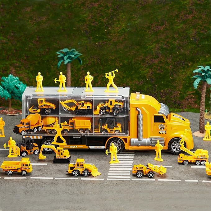 JOYIN 25 in 1 Kids Construction Truck Toy Set, 24Pcs Push and Go Cars and Worker Figures, Toddler Play Vehicles with Sounds and Light, Birthday Gifts for 3 4 5 6 7 Years Old Grandkids, Easter Basket