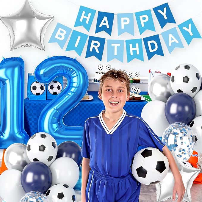 12th Soccer Birthday Party Decoration for Boys, 12th Soccer Party Decoration with Blue White Silver Balloons 'HAPPY BIRTHDAY' Banner 32in Foil 12 Balloon for Boy Kids Baby Shower Decor
