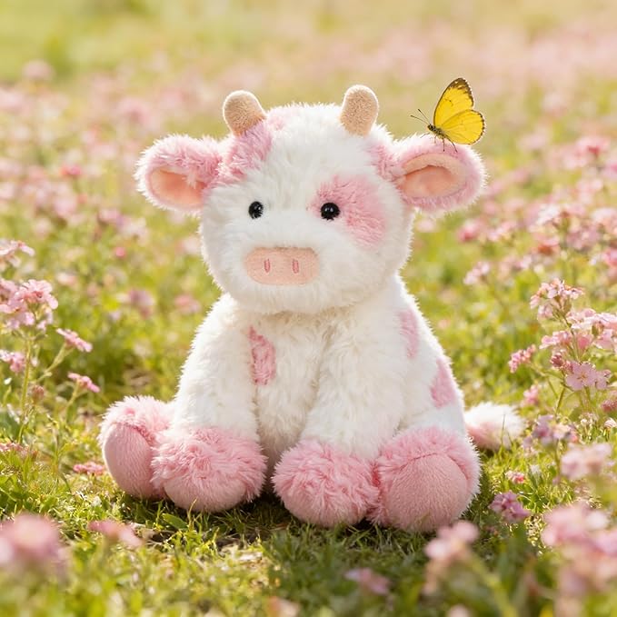 Hopearl Adorable Plush Cow Toy Floppy Dairy Cattle Soft Stuffed Animal Cute Birthday Gifts for Boys Girls Kids Toddlers, Pink, 9''