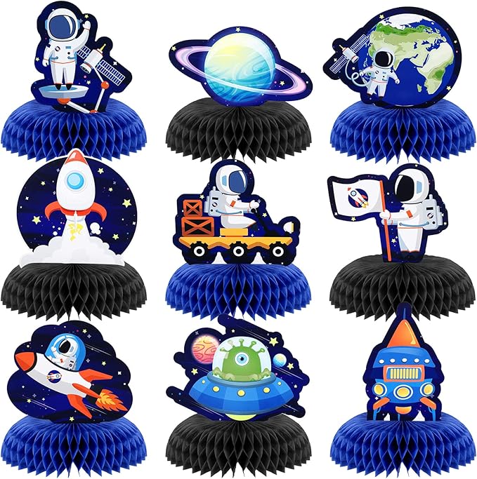 9 Pcs Outer Space Theme Honeycomb Centerpiece Outer Space Party Decorations Paper Planet Table Decor Solar System Astronaut Ufo Table Topper for First Trip Around the Sun Birthday Party Supplies