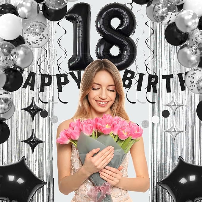 18th Birthday Decorations for Boys, Silvery Black Happy 18th Birthday Party Decorations for Girls, Happy Birthay Banner Balloons Fringe Curtains ,18 year old Bday Pack