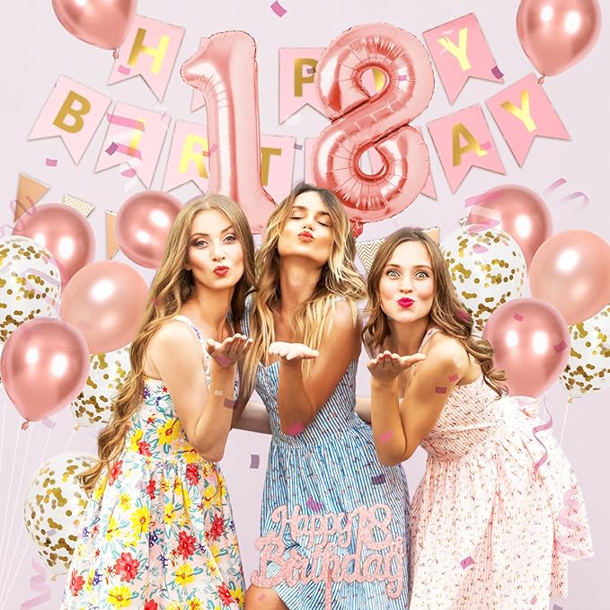 18th Birthday Decorations For Her, Rose Gold Happy Birthday Party Decorations With Number 18 Balloons Gold Confetti Helium Balloons Flag Banner Fringe Curtain Cake Topper For Girl Woman Party Decor