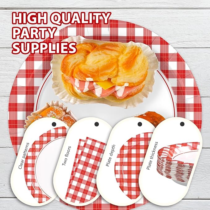 168Pcs Red Gingham Party Decorations Red and White Checkered Buffalo Plaid Plates Napkins Cups Forks Knives Spoons Tableware Set for Summer Pizza BBQ Picnic Baby Shower Birthday Party Supplies Serve24