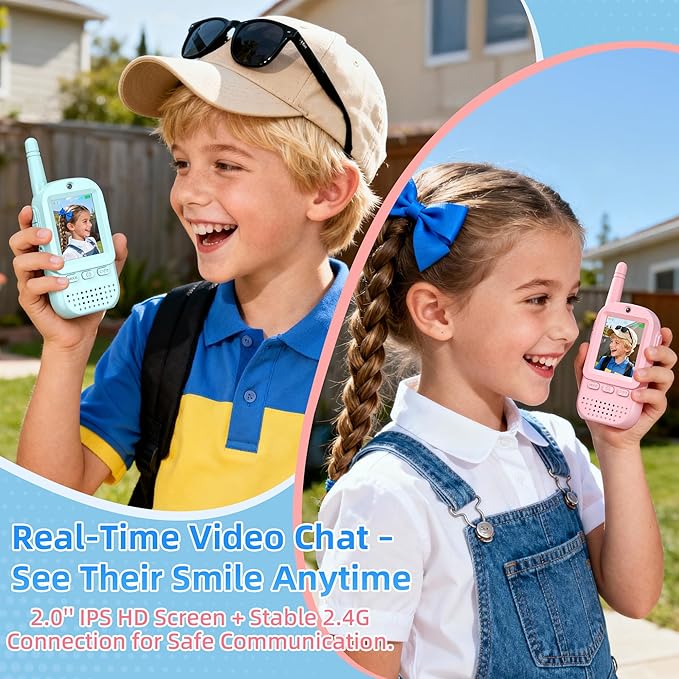 Video Walkie Talkies for Kids 2 Pack – Rechargeable Kids Walkie Talkies Intercom Toys for Age 3-12 Year Old Boys Girls, HD Camera & Voice Changer, 2'' Screen, Outdoor Play Camping Hiking Family Games