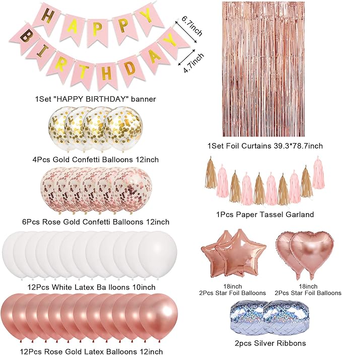 Amandir Rose Gold Birthday Party Decorations Kit, Confetti Foil Rose Gold Balloons Happy Birthday Banner Tassels Metallic Fringe Curtains Valentines day 30th 40th 50th 60th Party Supplies for Women