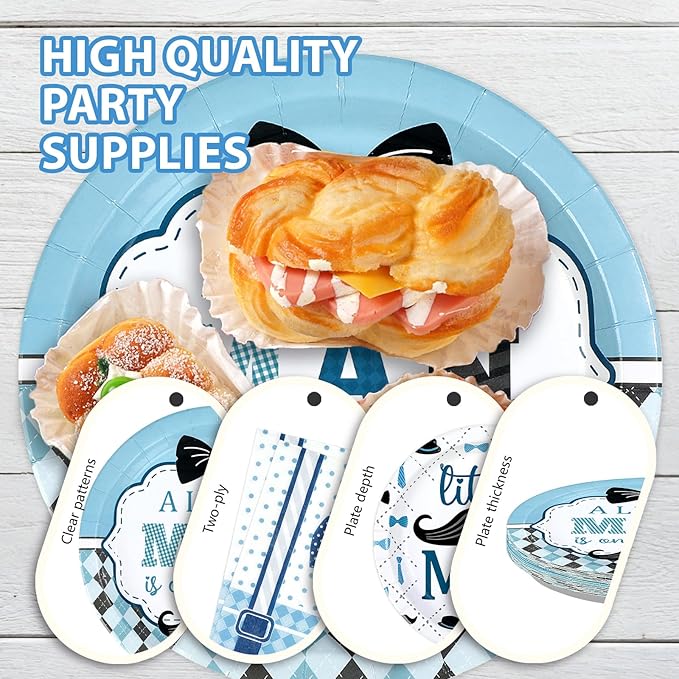 96 Pcs Little Man Baby Shower Decorations A Little Man Is On His Way Paper Plates and Napkins Mustache Bow Tie Hat Tableware Set for Boys Baby Shower Birthday Party Supplies Serves 24
