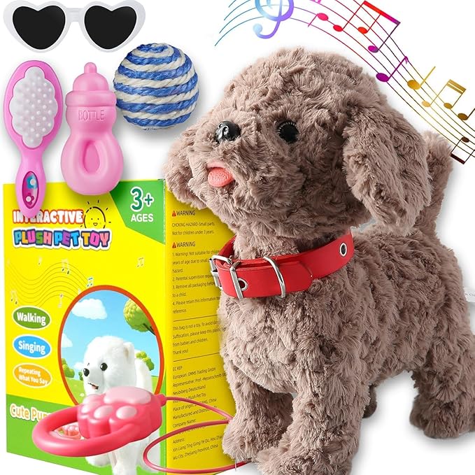 Teddy Walking Barking Dog Toy Singing Puppy Set, Repeat What You Say Teddy with Control Leash Electronic Dog, Touch or Voice Control Realistic Robot Musical Dancing Animated Plush Pet for Toddler