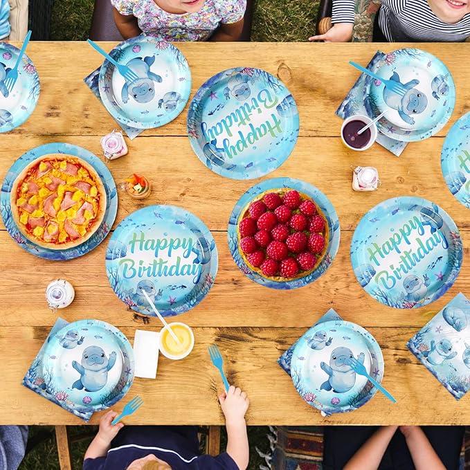 96Pcs Manatee Birthday Decorations Blue Under the Sea Plates and Napkins Ocean Animal Theme Decorations Favors for Kids Sea Ocean Marine Creature Birthday Baby Shower Party Supplies Serves 24
