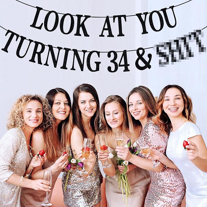 Black Glitter Look at You Turning 34 & Sh*t Banner, Happy 34th Birthday/Level 34 Unlocked/Cheers to 34 Years, Funny 34th Birthday Party Decorations Supplies