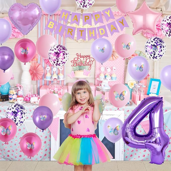 4th Pink Purple Birthday Decorations,Pink Purple 4th Birthday Balloons for Girls Lavender Party Decor Banner Number 4 Balloons Cake Topper Butterfly Party Decorations for 4 Year Old Girls