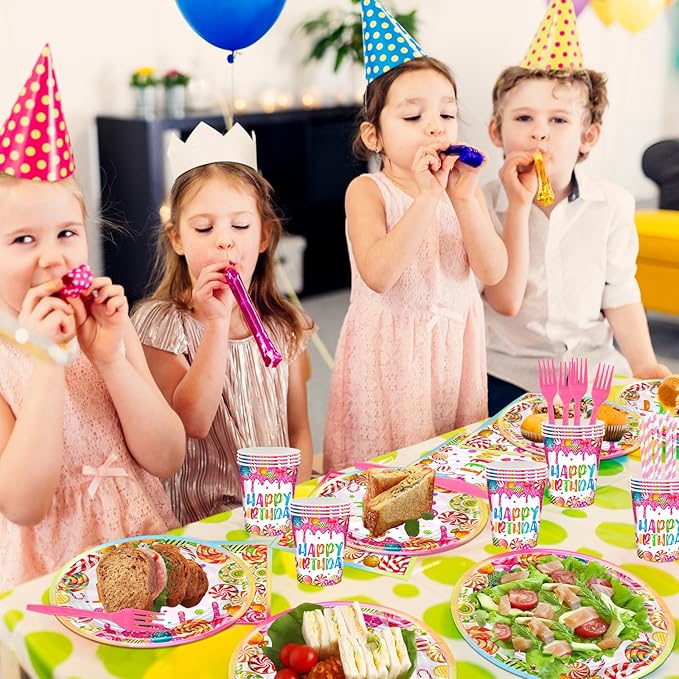 Avezano 192 Pcs Candyland Party Decorations Lollipop Dessert Theme Birthday Party Decorations Disposable Candy Land Tableware Party Supplies Paper Plates Napkins Forks Set for 24 Guests