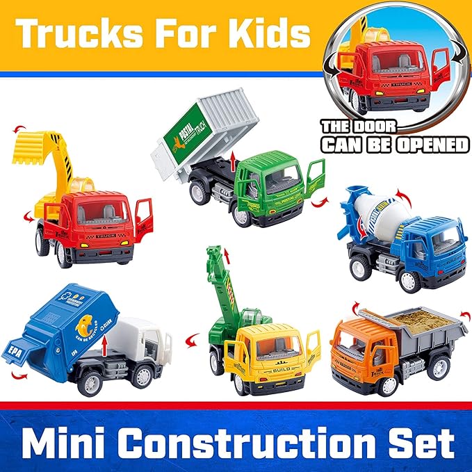 Liberty Imports 6 Pack Pullback City Builder Toy Construction Play Vehicles for Kids – Dump Truck, Sanitation, Cement Mixer, Excavator, Crane, Delivery Van