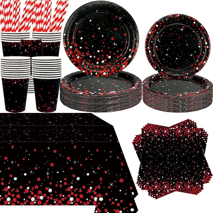 KEFAN Red Black Birthday Party Decorations, Red Black Theme Party Tableware Supplies including Plates, Cups, Napkins, Tablecloth (40)