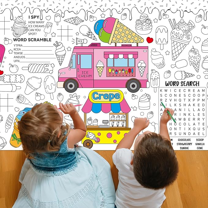 Ice Cream Giant Coloring Poster for Kids Summer Large Coloring Tablecloth Big Paper Sheets Page Sweet Theme Table Cloth DIY Activity Game Art Crafts Mat Wall Home Party Decoration Supplies