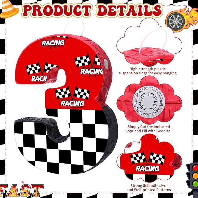 Red 3 Race Car Piñata Pull String Cars Piñatas for Birthday Party Decorations Number 2 3 4 5 6 with Blindfold Stick Small Red Black Racing Theme 2nd 3rd 4th 5th 6th Party Supplies