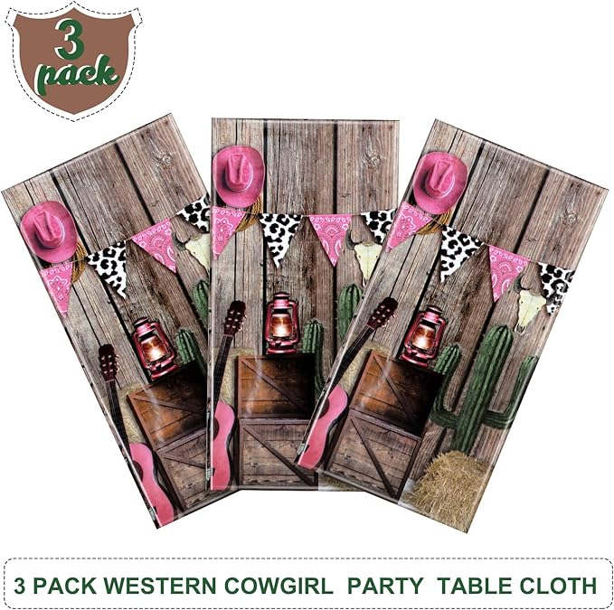 Tiamon 3 Pieces Western Party Tablecloth Cowgirl Table Cover Pink Western Cowgirl Plastic Tablecloth Disposable Wild West Table Cover for Baby Shower Birthday Party Supplies, 54 X108 Inch
