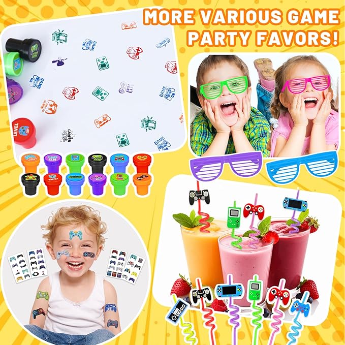 120 PCS Video Game Party Favors, Gamer Gaming Party Favors - Glasses Invisible Ink Pens Notebooks Drinking Straws Stamps Tattoo Stickers Gift Bags for Game On Birthday Parties Favor Supplies
