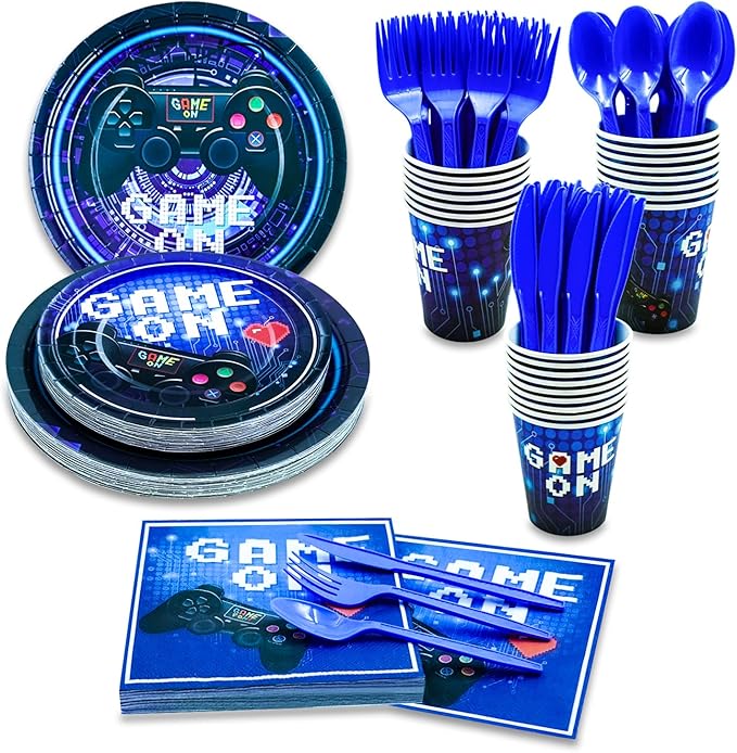 175 Pcs Video Game Party Supplies Set Paper Plates Napkins Cups Forks Knives and spoons serve for 25 Guests Game Birthday Party