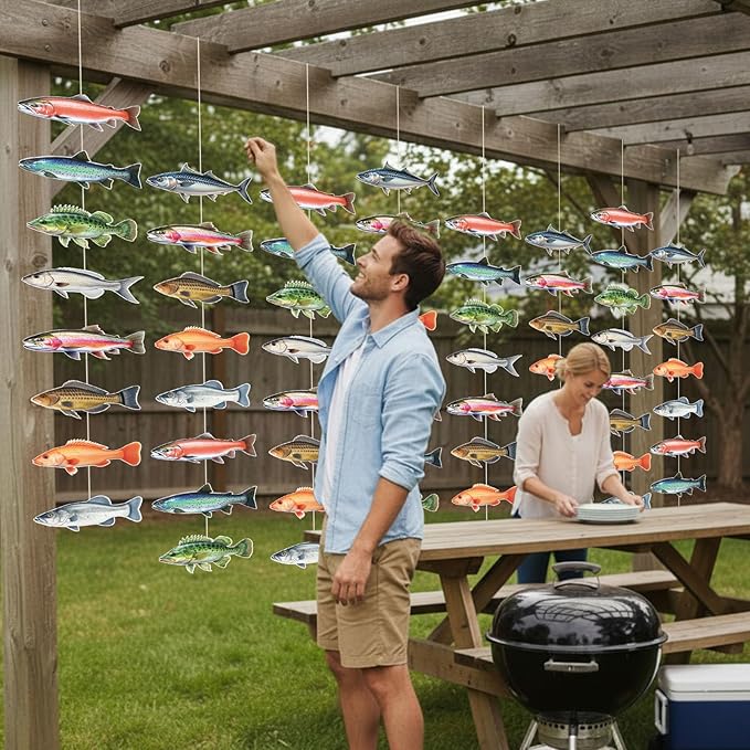 Pasimy 8 Pcs Fish Party Decoration Banner Fishing Garland Fisherman Birthday Party Photo Booth Fishing Supplies for Fisherman Competition Tournament Retirement Barbecue