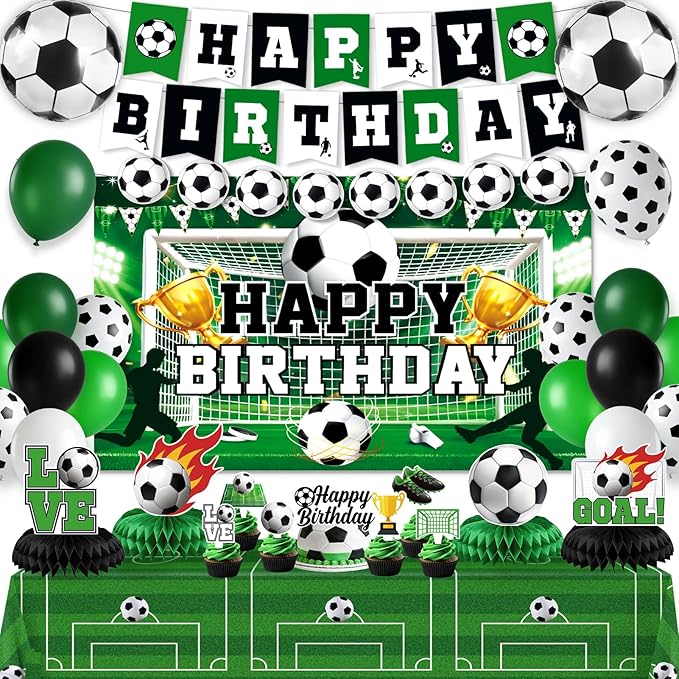 Soccer Birthday Party Decorations, 44Pcs Soccer Party Decorations Included Foil & Latex Balloons Happy Birthday Backdrop Tablecloth Cake Toppers Honeycomb Centerpieces for Boys’ Soccer Party Supplies