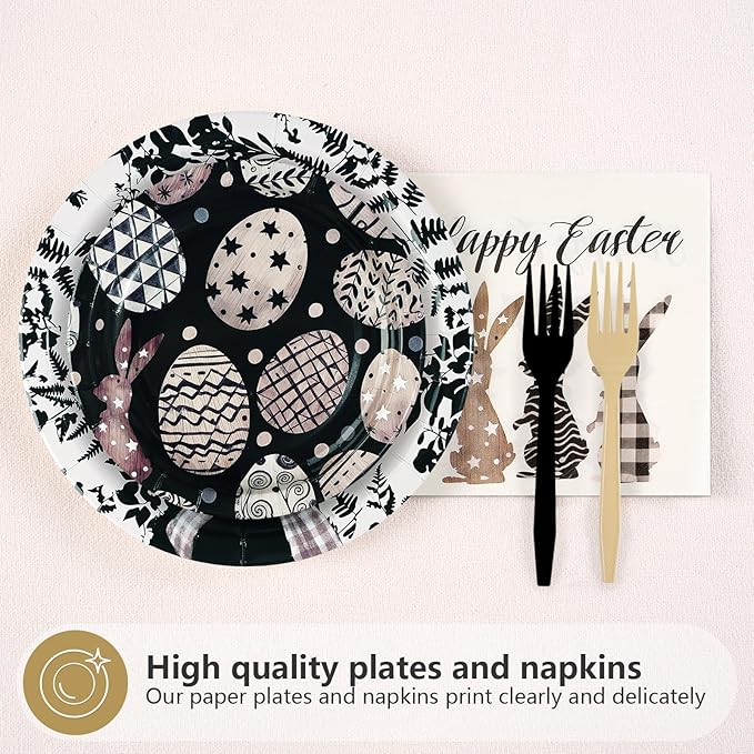 96Pcs Easter Bunny Decorations Easter Bunny Eggs Plates and Napkins Black and White Rabbit Eggs Disposable Tableware for Spring Outdoor Home Party Decorations