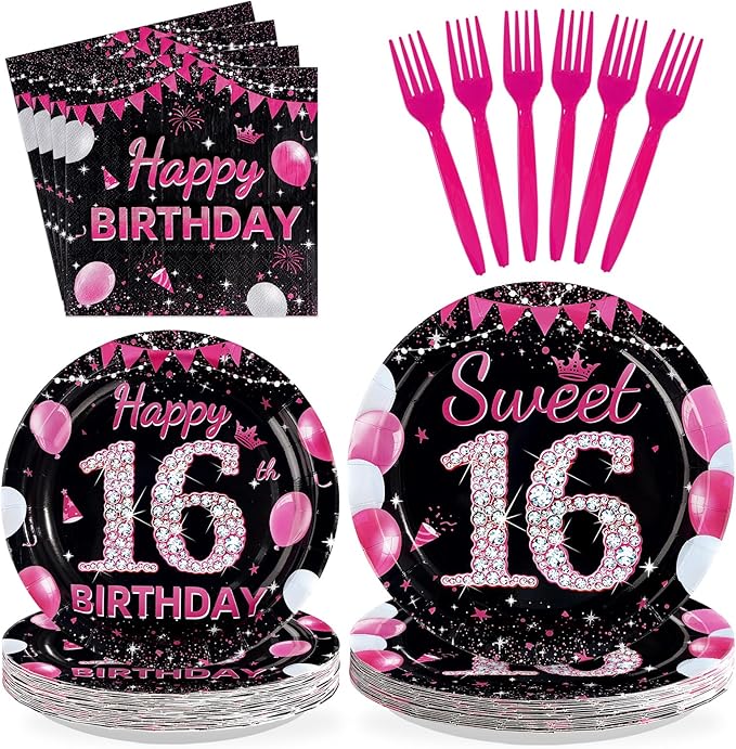 96Pcs 16th Birthday Party Supplies Black and Hot Pink Plates Forks and Napkins Diamond Sweet Sixteen Disposable Paper Tableware Set for Girls 16 Years Old Birthday Party Supplies Serves 24