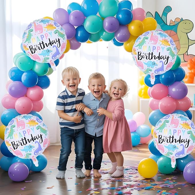 18" Dinosaur Balloons for Party Decorations, 4pcs Colorful Mylar Round Dinosaur Balloon, HAPPY Birthday Dino Foil Balloons for Kids Jungle Dino Themed Baby Shower Birthday Party Decor Supplies