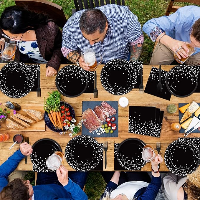 gisgfim 96 Pcs Black and Silver Party Supplies Paper Plates Napkins Silver Dot on Black Party Birthday Tableware Kit Black and White Birthday Decorations Favors Serves 24, MM1220