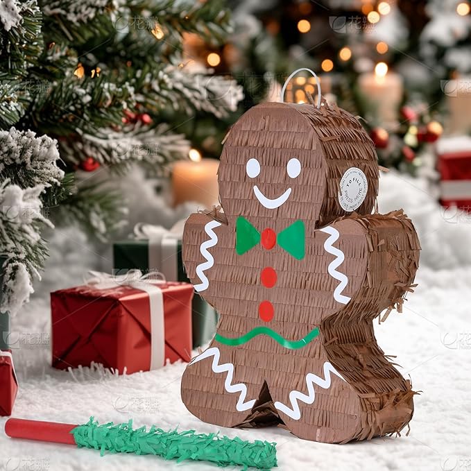 Christmas Gingerbread Man Pinatas Bundle with a Blindfold and Bat (Small Size 16.5x12.5x4 Inches), Holiday Theme Piñata, Christmas Party Supplies, Xmas Piñata, Party Decoration Games