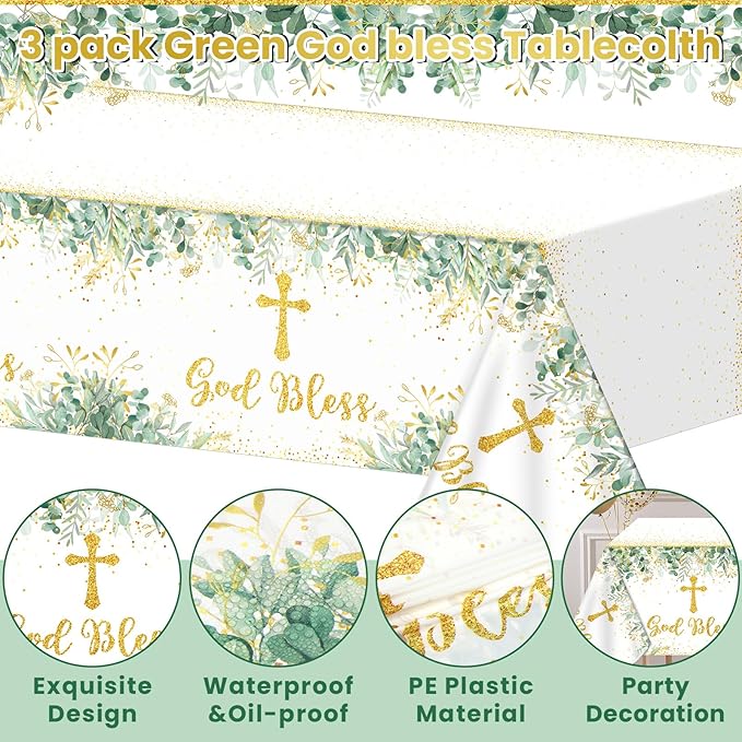 3Pcs God Bless Baptism Tablecloth First Communion Holy Tablecloth Decorations Mi Bautizo Christening Table Cover Disposable Tablecloths for Boys Girls Newborn Baby Shower Party Supplies 54 x 108 inch