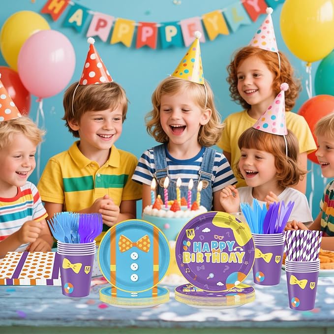 168PCS English Teacher Party Supplies for Boys Girls Purple Cartoon Teacher Themed First Birthday Party Decorations with Paper Plates Cups Tableware Set for 24 Guests