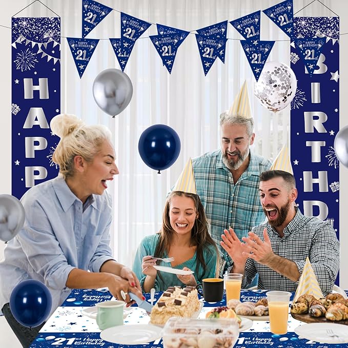 21st Birthday Decorations for Men and Women Blue, Happy 21st Birthday Door Backdrop Banner Balloons 21 Years Old Birthday Porch Sign Party Supplies with Latex Balloons Decor 21st Bday Boy Her Him