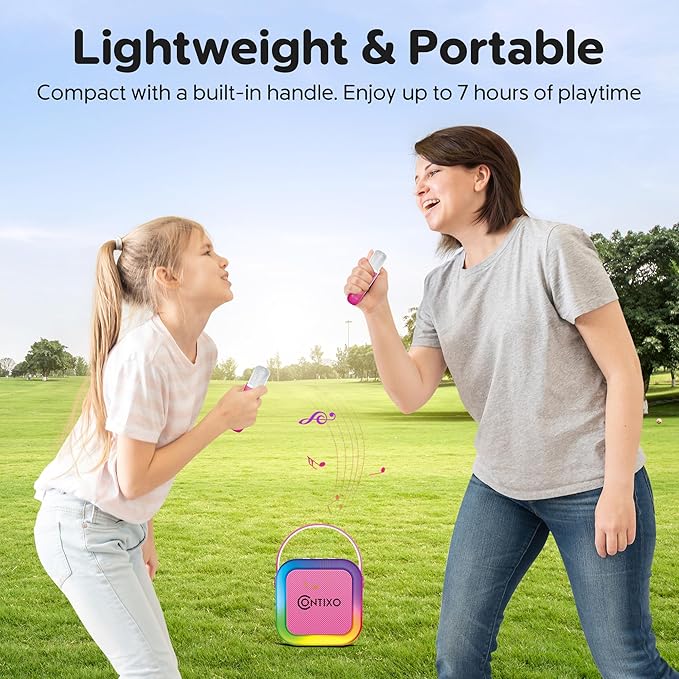 Contixo KS1A Kids Mini Karaoke Machine with LED Lights, 7–10H Playback, Dual Wireless Mics, Magic Voice Effects, Bluetooth Speaker for Children, Portable Singing Toy Gift for Boys & Girls, Pink