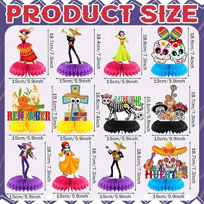 Pickmesh 12 Pieces Day of The Dead Party Decorations Honeycomb Centerpieces Dia De Los Muertos Table Decorations Sugar Skull Guitar Table Topper for Halloween Mexican Day of The Dead Party Favors