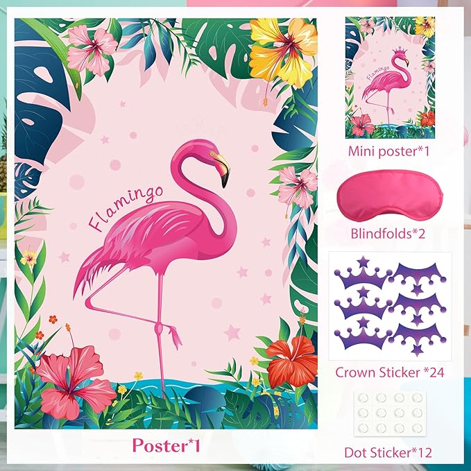 ASTARON Pin The Crown on The Flamingo, Flamingo Theme Party Game with 24 Crown Stickers for Birthday Party and Hawaiian Luau Tiki Party Supplies