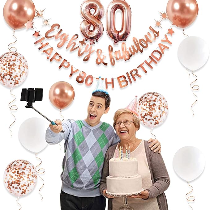 Rose Gold Eighty & Fabulous Happy 80th Birthday Banner Garland Foil Balloon 80 for Womens 80th Birthday Decorations Hanging 80 and Fabulous Cheers to 80 Years Old Birthday Party Supplies Backdrop