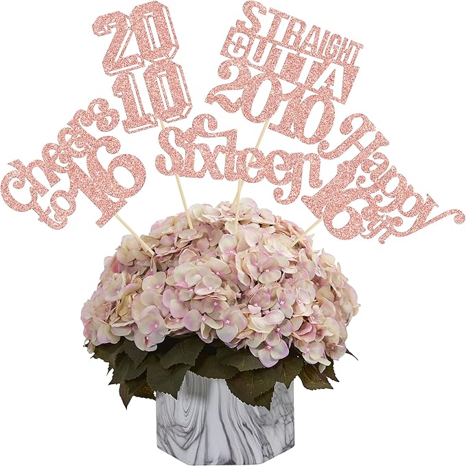 Gyufise 15Pcs Happy 16th Birthday Centerpiece Sticks Sixteen Straight Outta 2010 Table Flower Centerpieces Sticks for Cheers to 16th Birthday Party Supplies Rose Gold