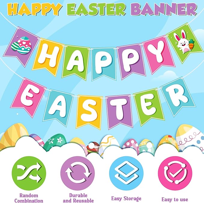 OHOME Easter Decorations - Happy Easter Banner | Bunny Party Decorations for Indoor Outdoor Outside - Bunny Egg Garland for Front Door | Easter Backdrop Wreath for Window Wall - Easter Decor