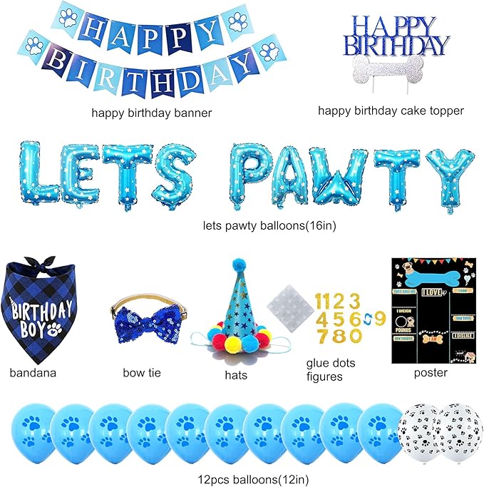 Dog Birthday Party Supplies, Blue Dog Birthday Decorations, Lets Pawty Balloons Banner, Dog Baday Bandana Hat Scarfs