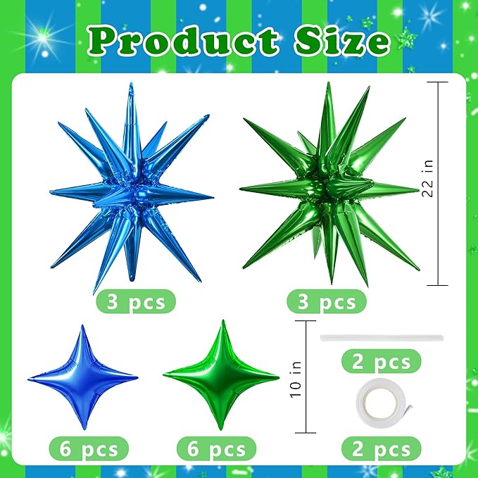 TONIFUL 18Pcs 22Inch Blue Green Large Explosion Star Mylar Balloons and 10Inch Four Pointed Star Balloons Set for Christmas New Year Birthday Wedding Bridal Shower Anniversary Photo Booth Supplies