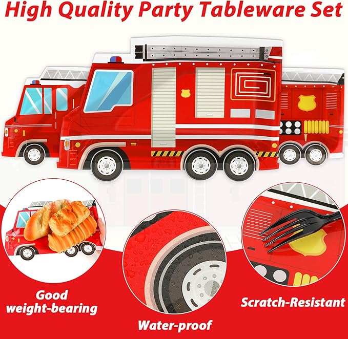50 Pcs Firetruck Birthday Party Plates Fire Truck Shaped Disposable Plates Fireman Paper Plates Firefighter Dessert Plates for Firetruck Birthday Fireman Baby Shower Firefighter Table Party Supplies