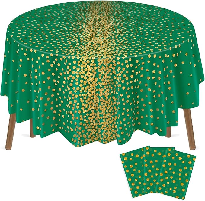 VitalCozy Round Dot Tablecloth 84 Inch Plastic Table Cover Polka Dot Confetti Tablecloths for Easter 2026 Graduation Prom Wedding Birthday Spring Party Supplies(Green and Gold,3 Pcs)