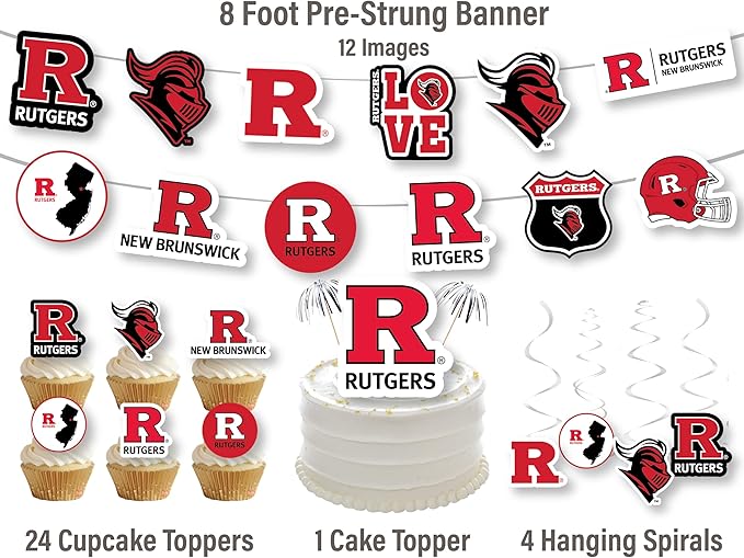 Rutgers Party Supplies for Football, Birthday Gift, Graduation Party Banner and Cake Toppers (42 Pieces) (Rutgers Scarlet Knights)